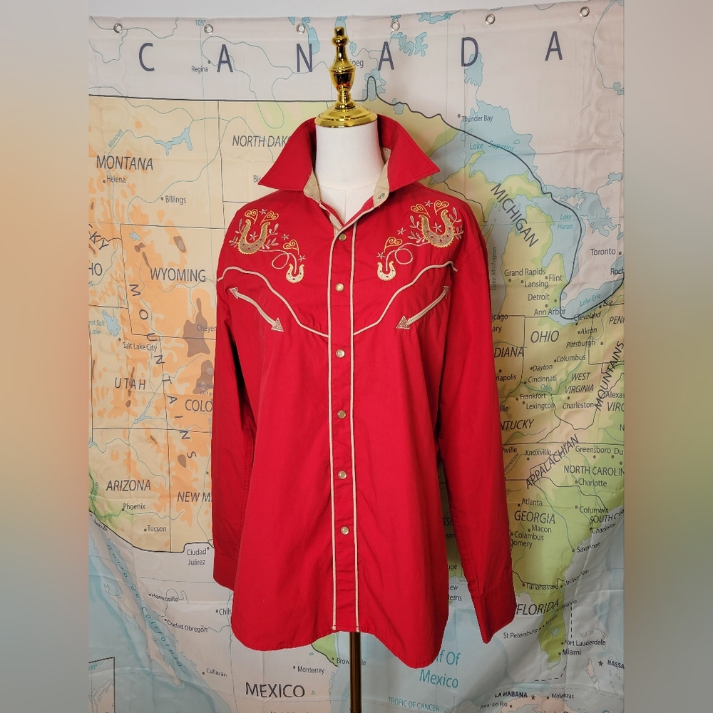 Red Embroidered Button Down Shirt